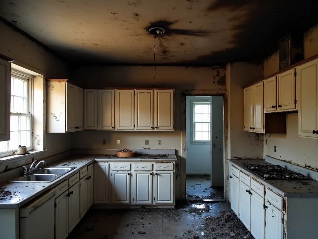 Smoke-damaged residential kitchen interior with heavy soot on ceiling and cabinets and fire char on one wall