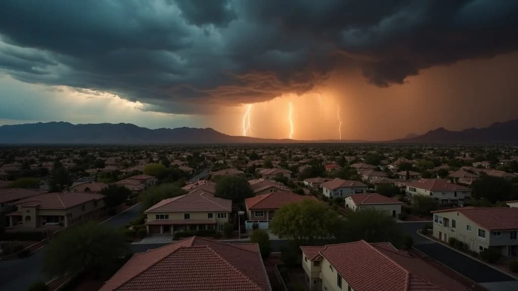 Aerial view of Las Vegas suburban neighborhood during monsoon storm with dark clouds, lightning, and dramatic light